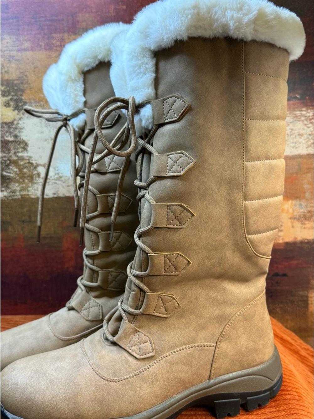 Women's Tan Lace-Up Faux-Fur Winter Boots